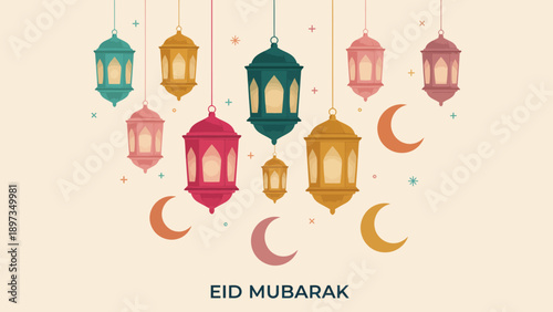 Colorful lanterns and crescent moons hanging in the air, celebrating Eid Mubarak in a festive atmosphere