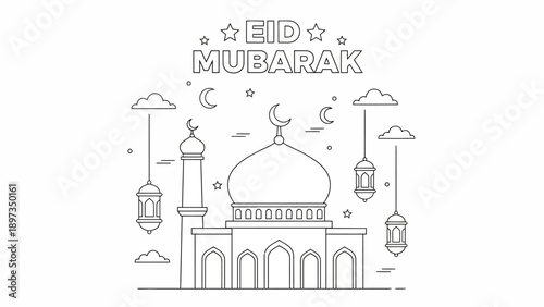 Celebrating Eid Mubarak with mosque illustration surrounded by lanterns and crescent moons