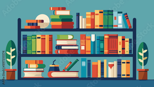 Bookshelf with colorful books, potted plants, and decorative items arranged on multiple shelves in a tidy interior setting representing a library or study area.