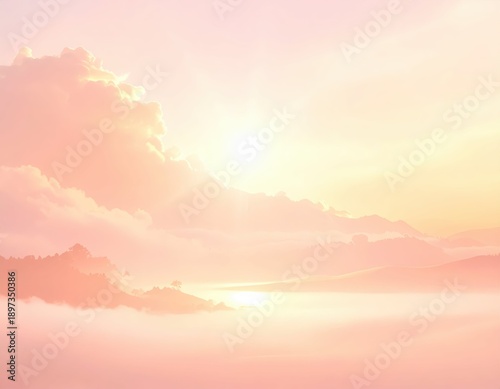 Serene Sunrise Over Misty Horizon with Soft Pink Clouds and Light