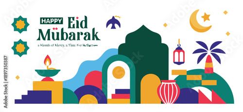 Vibrant Eid Mubarak Celebration with Mosque, Crescent Moon, and Lanterns in a Joyful, Colorful Environment