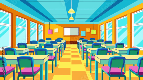 Bookshelf interior with colorful wall art, large windows, bright lighting, and neatly arranged tables and chairs in a modern educational or community space