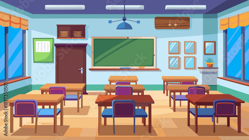 Bookshelf classroom interior with green chalkboard, wooden desks, purple chairs, large windows, ceiling fan, wall clock, framed pictures, potted plant, wood storage cabinet, and blue ceiling.