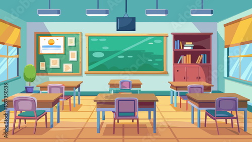 Desk school classroom with wooden tables and purple chairs arranged in rows near windows with yellow blinds and a green potted plant on a table, a chalkboard and bookshelf in the background.