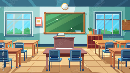 Bookshelf classroom with wooden shelves and colorful books, a chalkboard, classroom desks and chairs, windows with outside view, clock, and educational posters on wall