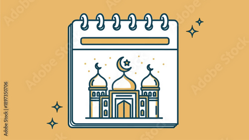 Illustration of a calendar featuring a mosque icon on a vibrant background