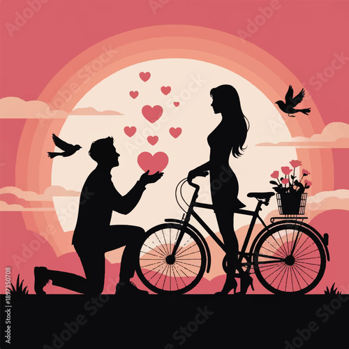 love proposal silhouette with hearts and bicycle during sunset scene