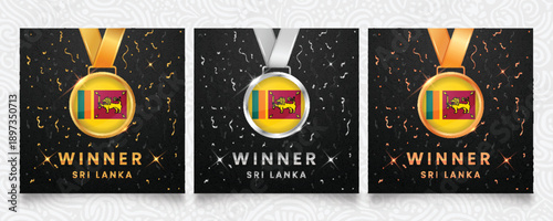 Celebrate Sri Lankan victory with this premium set of gold, silver and bronze winner medals featuring the national flag design, displayed on a dark background with festive confett