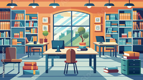 Bookshelf and study room with wooden shelves filled with colorful books, a large window with view of outdoors, desks, chairs, potted plants, artwork on walls, and stacks of books and papers.