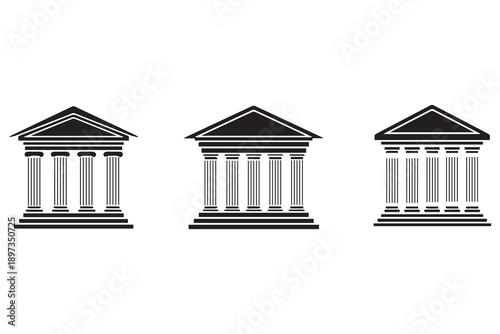 Classical Building Icon Set: Greek Temple, Museum, Bank, and Court House Vector Silhouettes