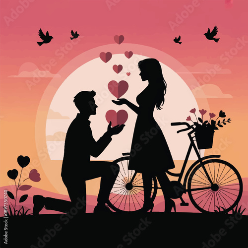 romantic sunset proposal silhouette couple with bicycle illustration