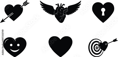 Collection of hearts with arrows and keyholes in black silhouettes and a single red heart with a gift box