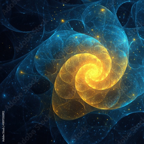 Abstract Galaxy Spiral with Blue and Gold Hues: Cosmic Dreamscape