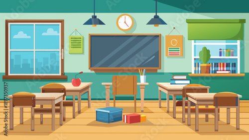 Bookshelf classroom interior with open window, green roller blind, clock, blackboard, school supplies, and wooden desks and chairs featuring educational, learning space, furniture with student and