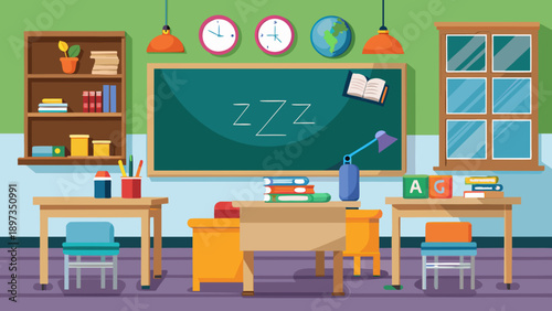 Bookshelf classroom with educational materials, colorful furniture, and a window, illustrating a cozy, organized learning environment for children or students.