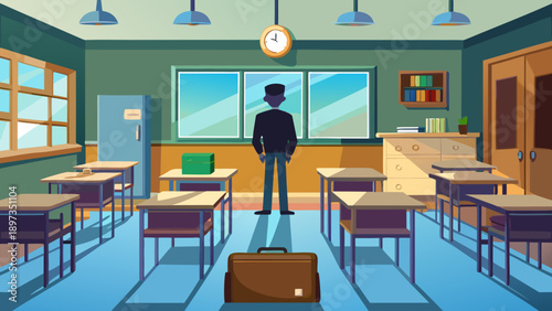 Bookshelf with multiple adjustable shelves and wooden frame in a classroom setting with a teacher's desk and window view featuring school, interior, furniture with educational space and storage