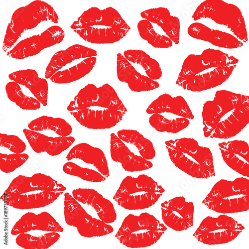Red Lipstick Kiss Marks Seamless Pattern, Romantic Lips Print Vector for Cosmetic, Love, Fashion, Beauty, and Valentine Designs. Sexy Lips Illustration.