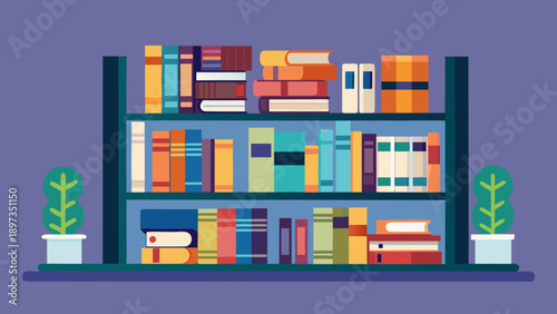 Bookshelf with multiple shelves filled with colorful books and two potted plants on either side, set against a muted purple background, modern and organized storage furniture with decorative elements