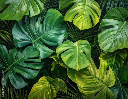 Lush Green Tropical Leaves With Varied Shapes and Textures