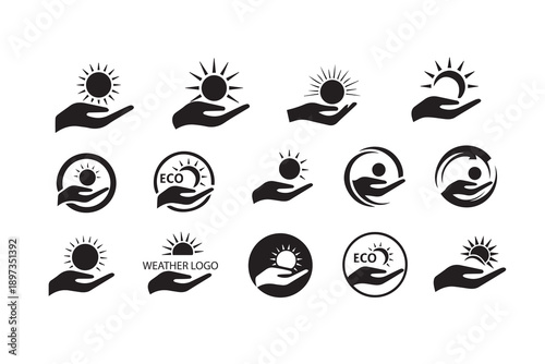 Eco Energy and Solar Power Icon Set – Hands Holding Sun Weather Logo Collection
