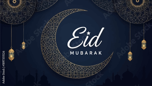 Elegant Eid Mubarak celebration with crescent moon and lanterns in a dark blue environment from a frontal viewpoint