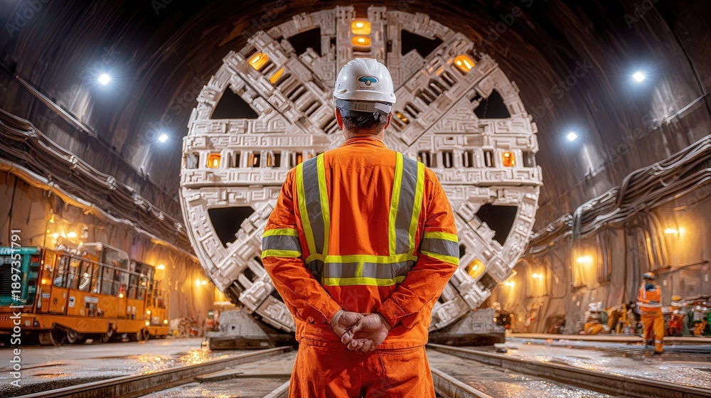 Fototapeta premium Worker Stands Before Tunnel Boring Machine