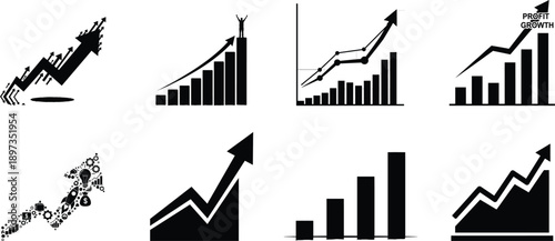 Collection of black business growth charts and financial graphs in a modern silhouette style