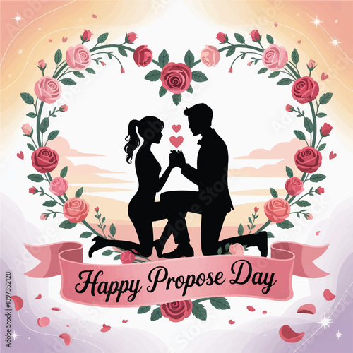 happy propose day romantic couple silhouette with floral wreath