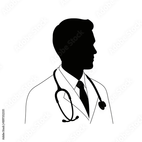 Silhouette of a doctor wearing a stethoscope and lab coat, representing healthcare and medical professionals.
