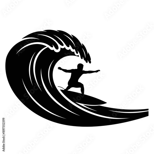 Silhouette of a surfer riding a large ocean wave, symbolizing adventure and extreme sports.