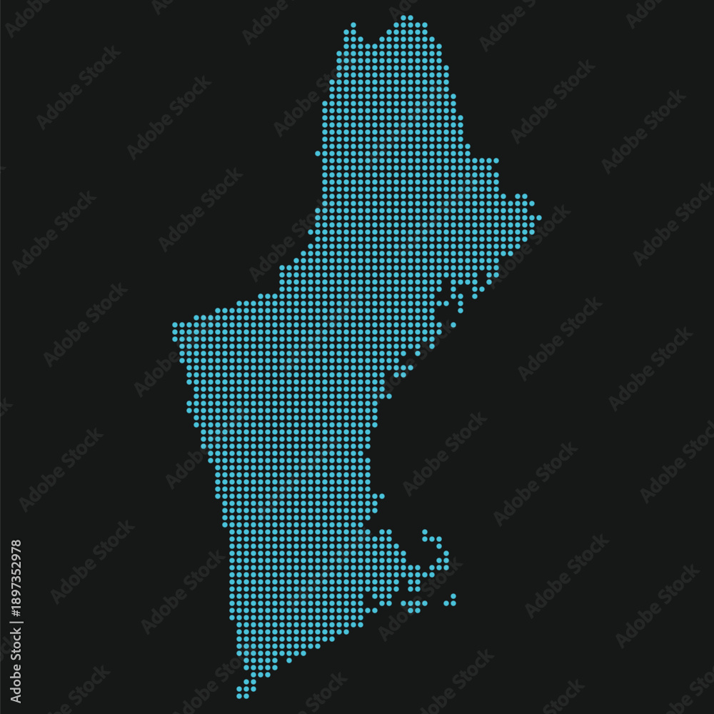 Obraz premium New England region of the United States dotted map. Digital Infrastructure Map of New England States for Cyber Blue on Black.