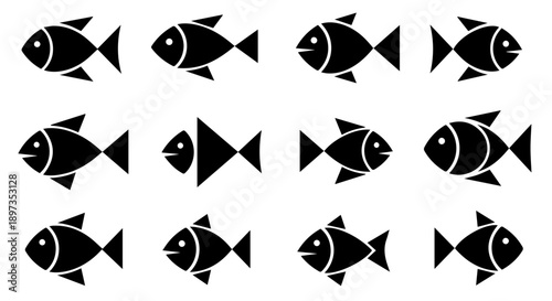 Collection of diverse fish silhouettes arranged in a grid pattern on a clean white background from a straightforward viewpoint