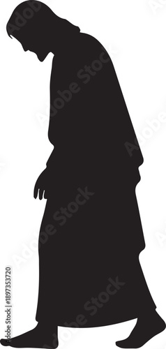 Sad religious figure walking with head bowed silhouette vector illustration line art graphic design