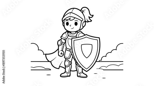 Little cartoon knight in armor holding shield and sword standing alone