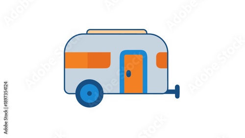 A colorful illustration of a small camper trailer with orange accents