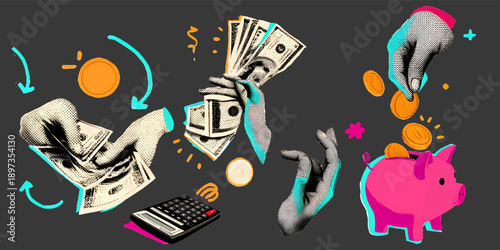 Hands holding cash and piggy bank saving money concept. retro vector illustration. 