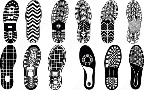 Collection of shoe sole tread patterns, footwear outsole textures, sneaker boot sole designs, isolated black white vector illustration set icons