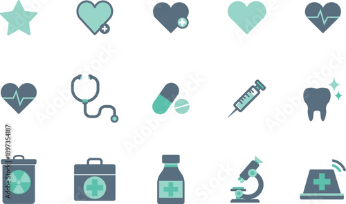 Collection of Medical Icons Representing Healthcare and Health Services in a Flat Design Style