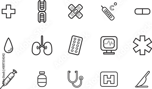 Medical icons collection featuring healthcare symbols, medical equipment, and healthcare services icons in a simple line art style
