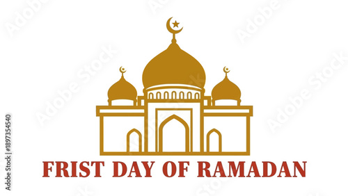 Celebrating the first day of Ramadan with a majestic mosque illustration in golden hues