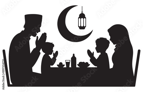 Muslim family silhouette praying before iftar meal, ramadan crescent moon and lantern above table