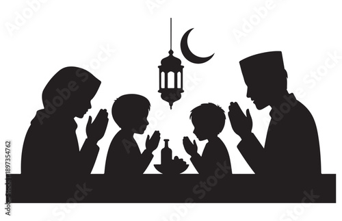 Muslim family silhouette praying iftar meal, ramadan crescent moon and lantern hanging over table