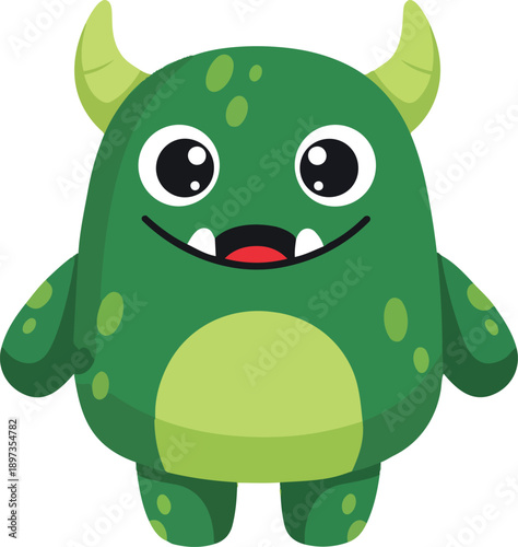 Green Cartoon Monster with Horns and Smile.
