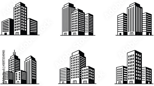 Black and white illustration of various city skyscrapers and buildings