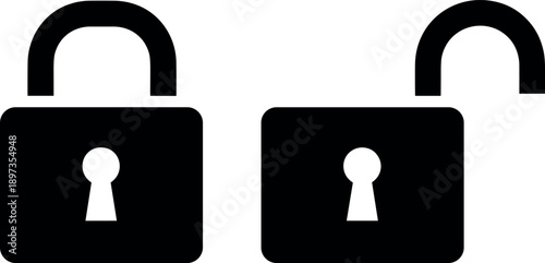 Locked and unlocked padlock icons, security privacy access control concept, safe data protection symbols isolated black white vector illustration design