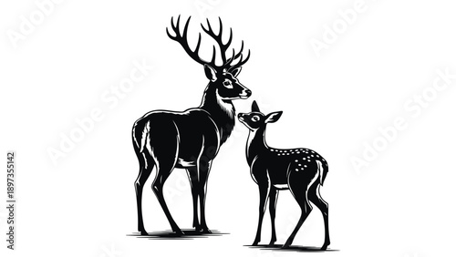 A black and white illustration of a deer and a fawn standing together