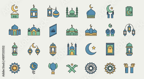 ramadan arabic islamic celebration icon set  style icon