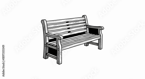 A black and white line art illustration of a wooden slatted park bench with armrests, on a white background