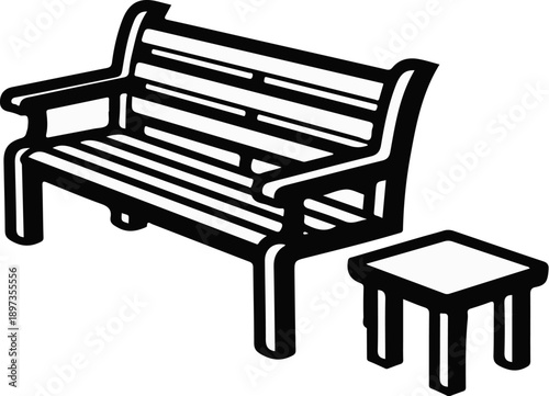 A black and white line art illustration of an empty outdoor slatted bench with arms, next to a small square table