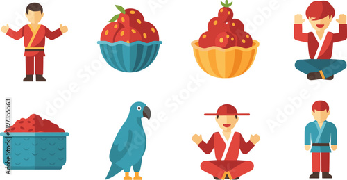 Flat illustration set with people characters strawberry desserts parrot bird and food elements in colorful simple vector style